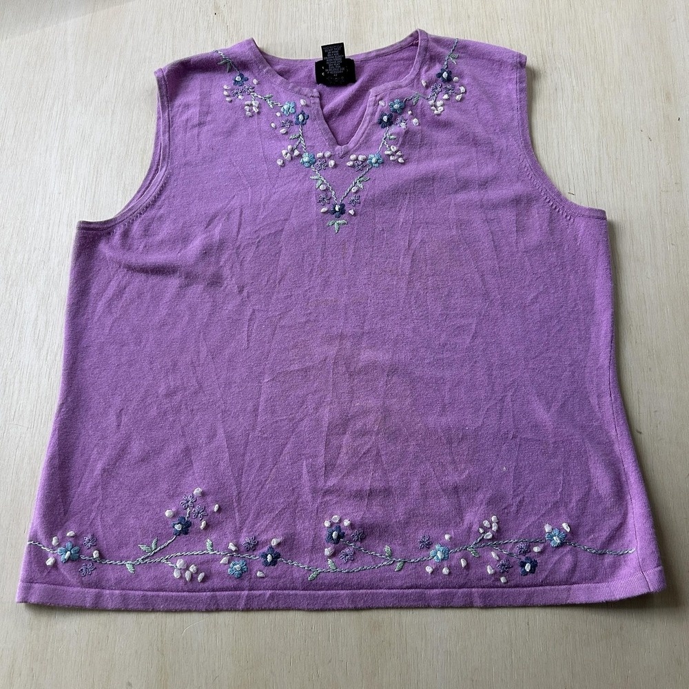 Designers Studio Originals Sweater Womens XL Purple Floral Embroidered Top
